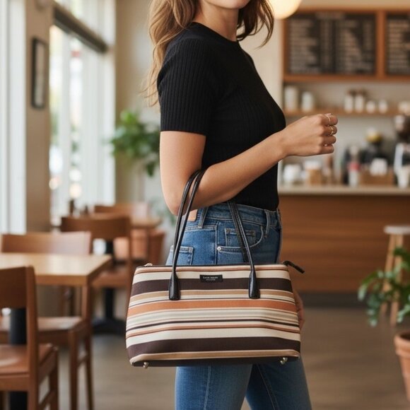 Vintage Kate Spade Striped Autumn Spice Brown Baguette Handbag Purse - Picture 1 of 14